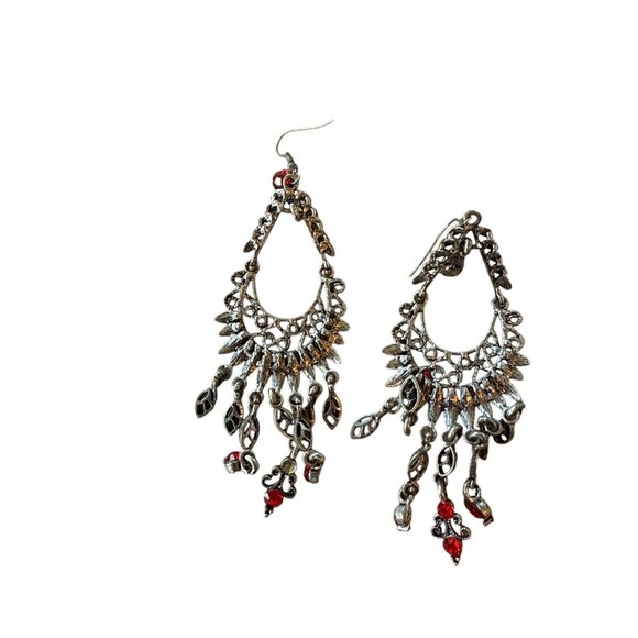 Antique-Style Silver & Red Dangle Earrings With Intricate Design - Picture 2 of 4